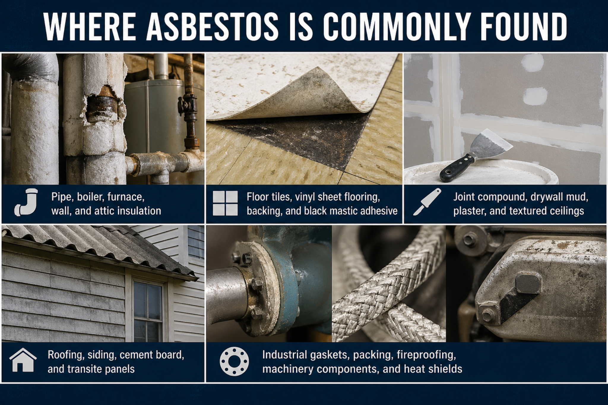 Common asbestos-containing materials including insulation, flooring, drywall compound, roofing, siding, gaskets, packing, and industrial equipment