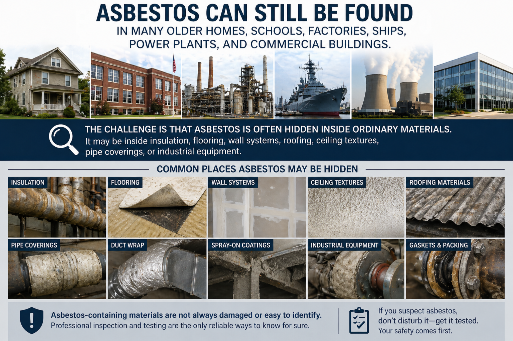 Asbestos may be hidden in older homes, schools, factories, ships, power plants, commercial buildings, insulation, flooring, ceiling textures, roofing materials, and industrial equipment